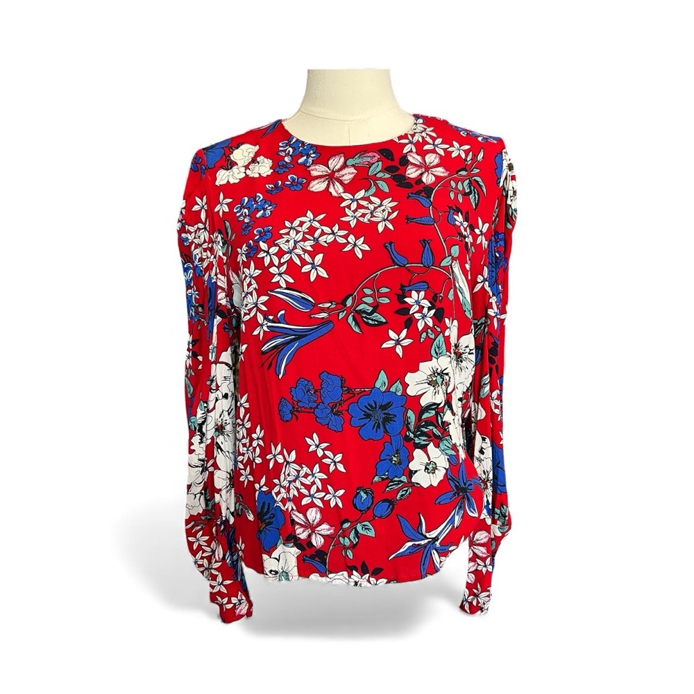 ❤️💙 EUC MANGO Red with Blue & White Floral Long Sleeve Blouse | Sz XS
